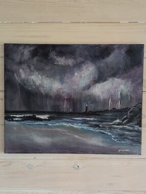 Stormy Lighthouse Seascape New Original Acrylic Painting Artist Signed Canvas